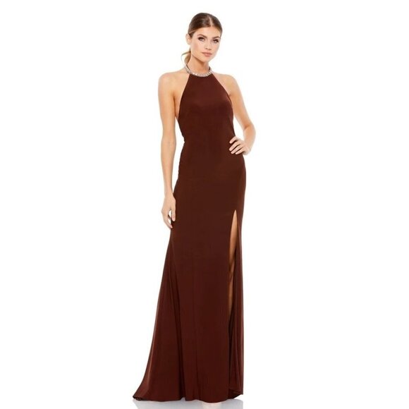 Mac Duggal Dresses & Skirts - Mac Duggal IEENA 26518 Beaded Halter Neck Trumpet Gown Dress Chocolate Size 8